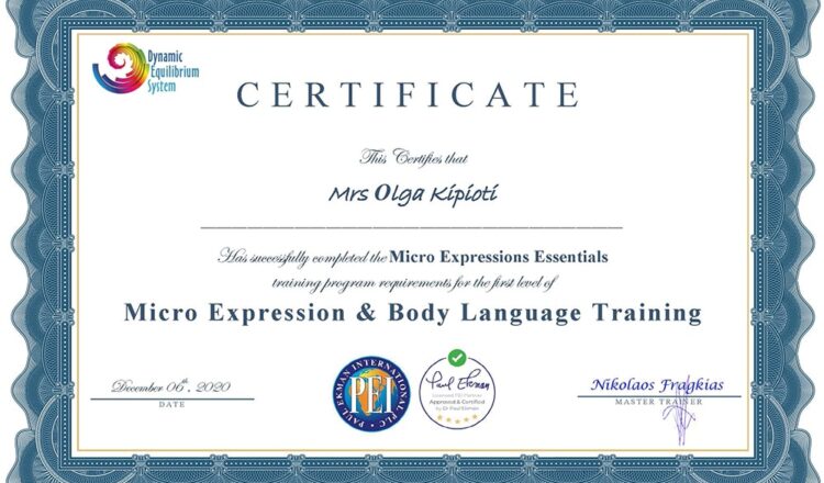 Επιμόρφωση της Φιλολόγου και Διευθύντριας Γυμνασίου του Σχολείου μας κυρίας Όλγας Κηπιώτη στον Νευρογλωσσικό Προγραμματισμό, στο Micro Expressions Essentials και στην Εξ Αποστάσεως Εκπαίδευση