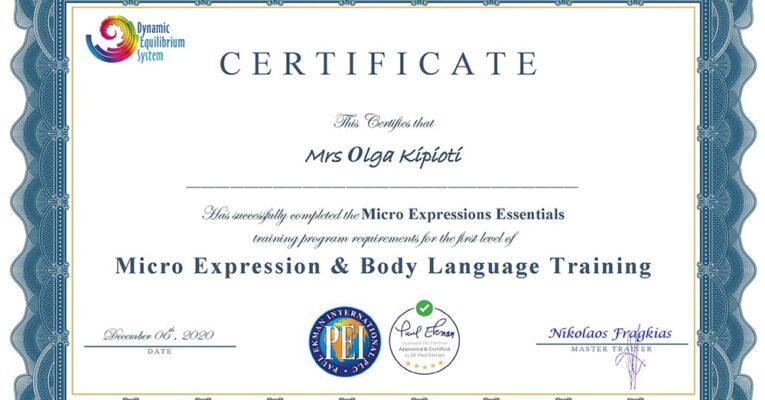 Επιμόρφωση της Φιλολόγου και Διευθύντριας Γυμνασίου του Σχολείου μας κυρίας Όλγας Κηπιώτη στον Νευρογλωσσικό Προγραμματισμό, στο Micro Expressions Essentials και στην Εξ Αποστάσεως Εκπαίδευση
