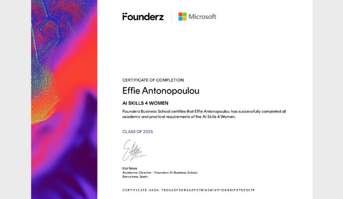 Η κα Έφη Αντωνοπούλου, AI Education Specialist & CS Professor της Εκπαιδευτικής Αναγέννησης, ολοκλήρωσε το πρόγραμμα “AI Skills 4 Women”