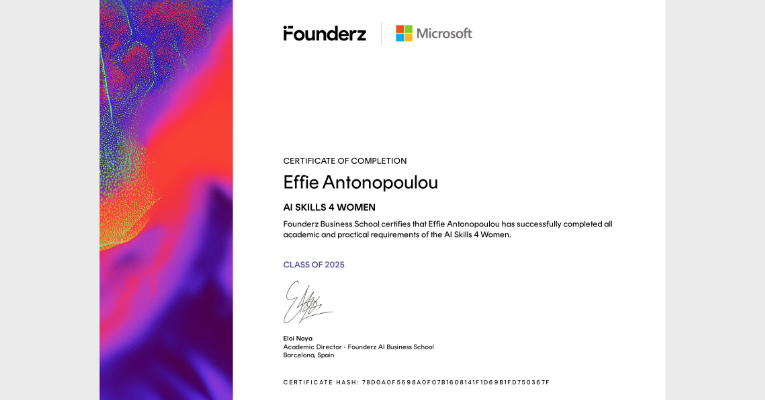 Η κα Έφη Αντωνοπούλου, AI Education Specialist & CS Professor της Εκπαιδευτικής Αναγέννησης, ολοκλήρωσε το πρόγραμμα “AI Skills 4 Women”